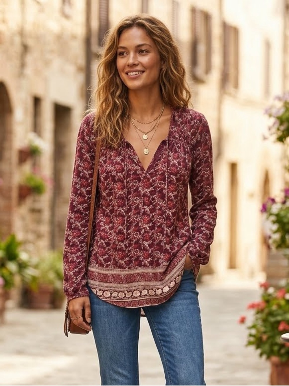 Lucky Brand Burgundy Floral Peasant Blouse M Boho V-Neck Tie Long Sleeve